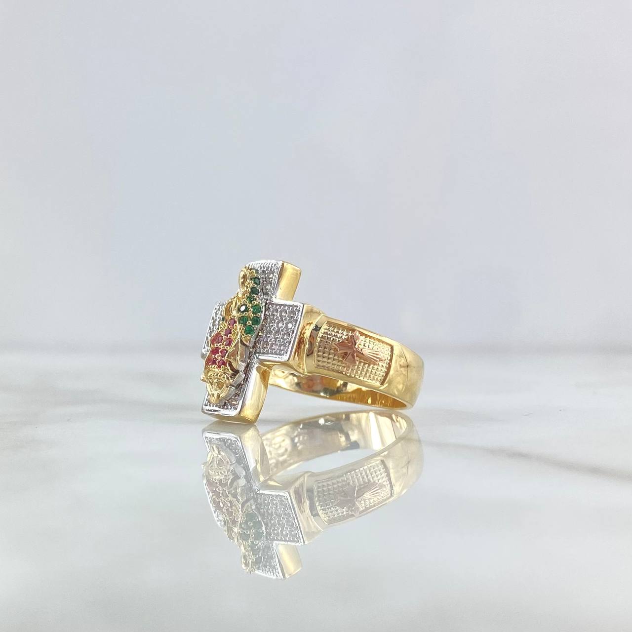 Anillo Cruz Virgen Guadalupe 8.45gr / T11 / Circones Blancos - Verdes - Fucsias Tres Oros ©