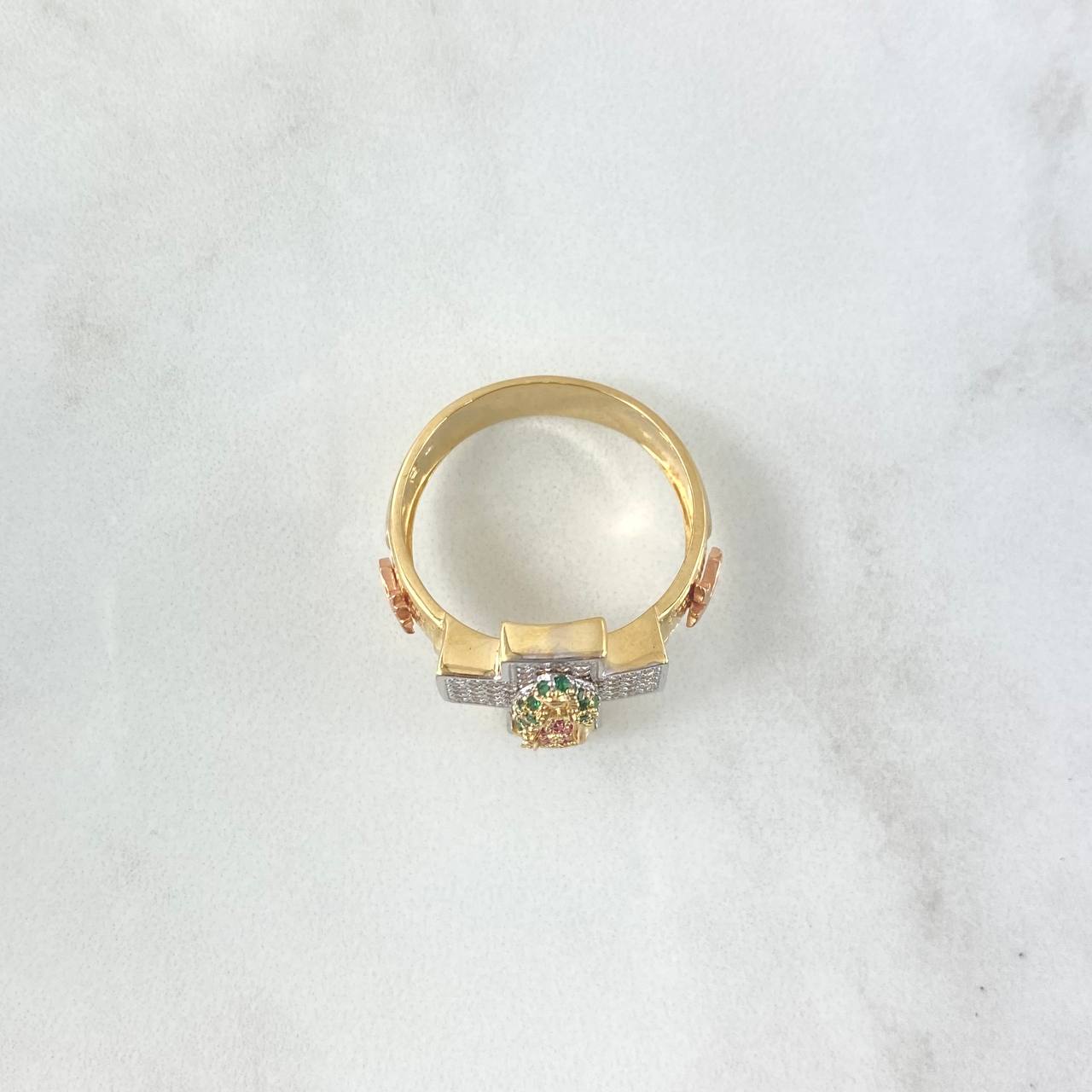 Anillo Cruz Virgen Guadalupe 8.45gr / T11 / Circones Blancos - Verdes - Fucsias Tres Oros ©
