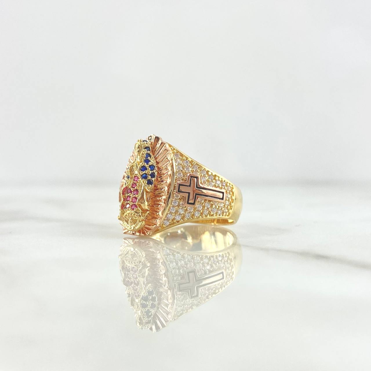 Anillo Cruces Virgen De Guadalupe Silueta 7.6gr / T7 3/4 / Circones Blancos - Azules - Fucsias Dos Oros Amarillo Rosa ©