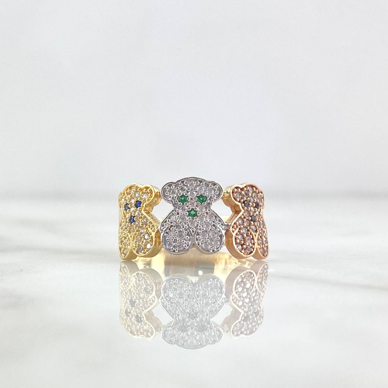 Anillo Trio Osos TS 4.25gr / T8 3/4 / Circones Azules Verdes Negros Y Blancos Tres Oros
