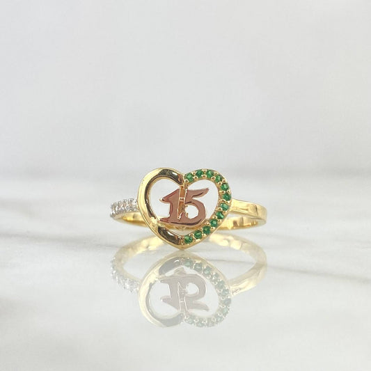Anillo Quinces Corazón 2.25gr / T7 / Circones Blancos Y Verdes Dos Oros Amarillo Rosa