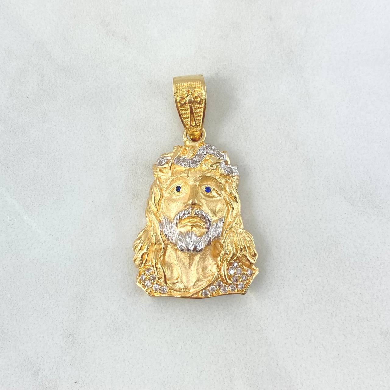 Dije Rostro Jesús 11.1gr / 4cm / Circones Blancos Ojos Azules Dos Oros Amarillo Blanco