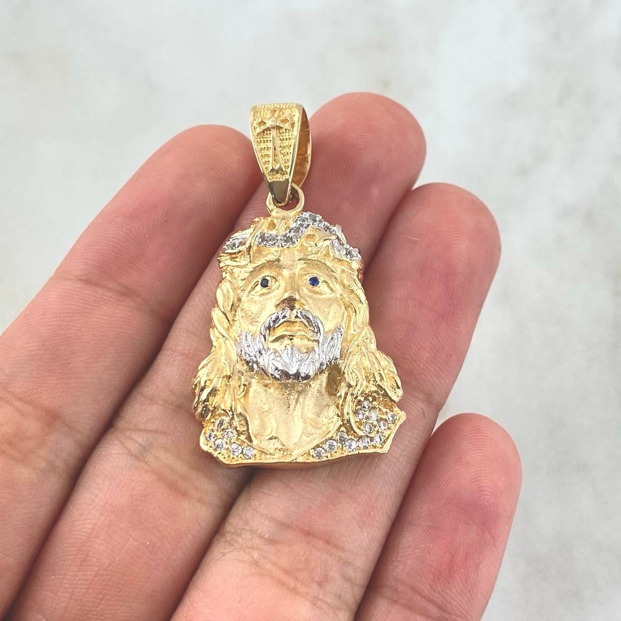 Dije Rostro Jesús 11.1gr / 4cm / Circones Blancos Ojos Azules Dos Oros Amarillo Blanco