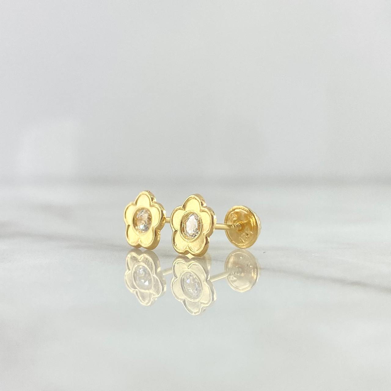 Topos Flor Bordeada 0.7gr / 7.5mm Circon Blanco Oro Amarillo 18K *