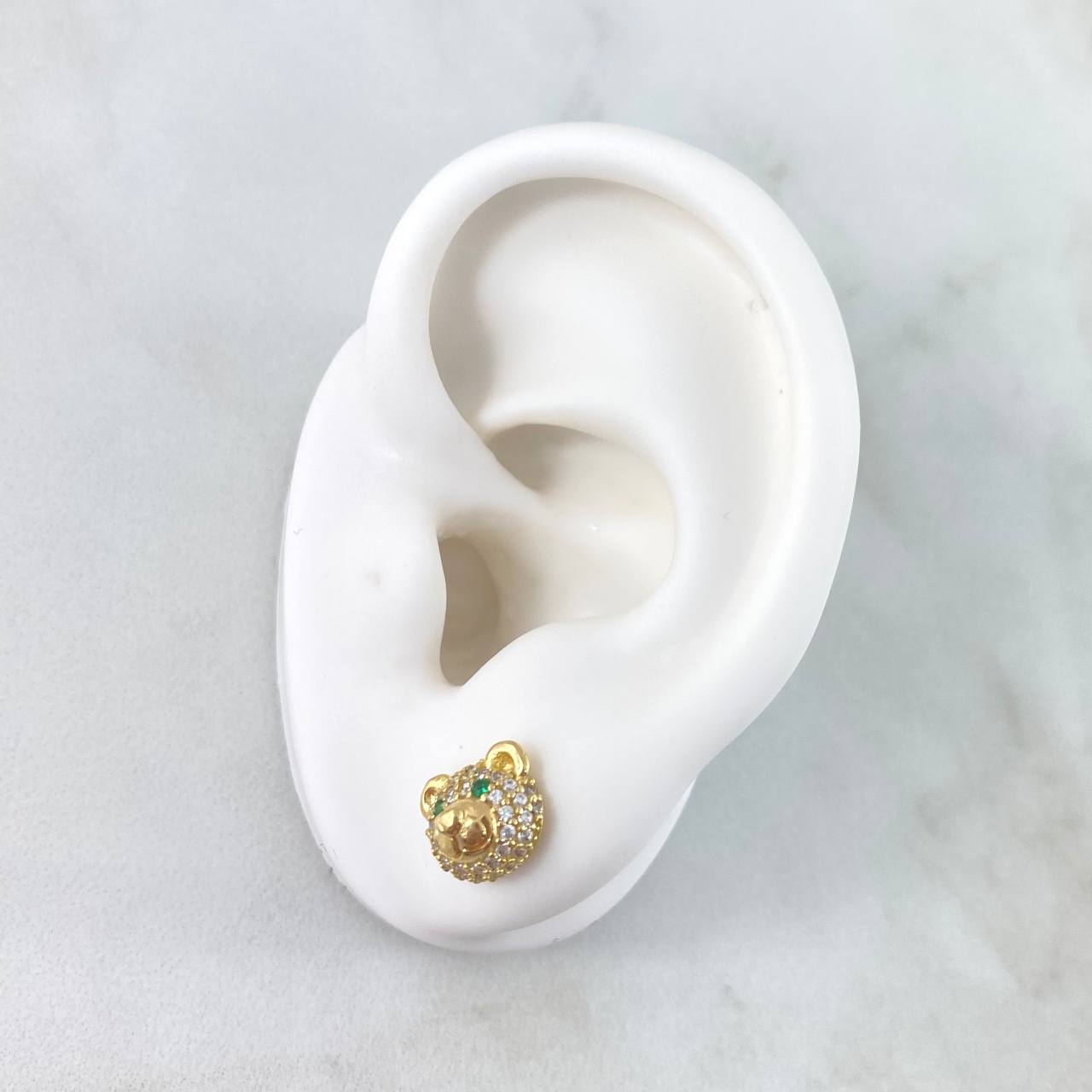 Topos Rostro Oso Circones Blancos - Verdes 3.45gr / 8mm Broche Mariposa Oro Amarillo 18K *