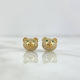 Topos Rostro Oso Circones Blancos - Verdes 3.45gr / 8mm Broche Mariposa Oro Amarillo 18K *