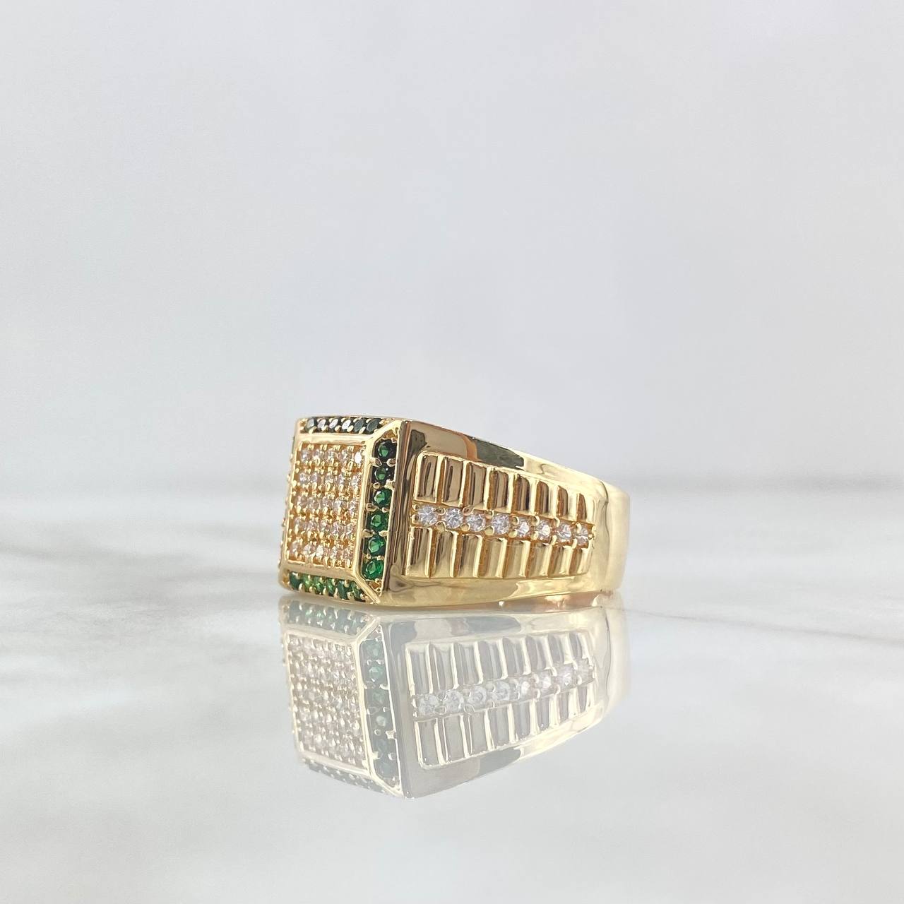 Anillo Cuadro Rustico 7.1gr / T11 3/4 / Circones Blancos Y Verdes Oro Amarillo ©