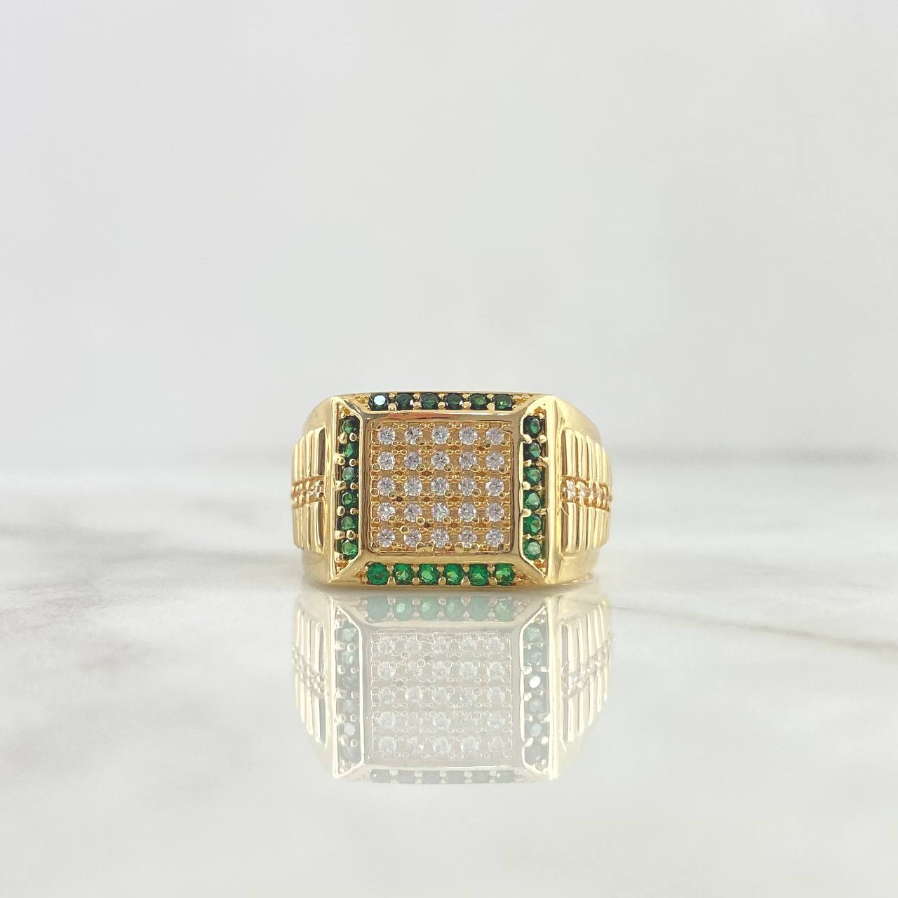 Anillo Cuadro Rustico 7.1gr / T11 3/4 / Circones Blancos Y Verdes Oro Amarillo ©