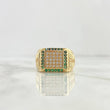 Anillo Cuadro Rustico 7.1gr / T11 3/4 / Circones Blancos Y Verdes Oro Amarillo ©