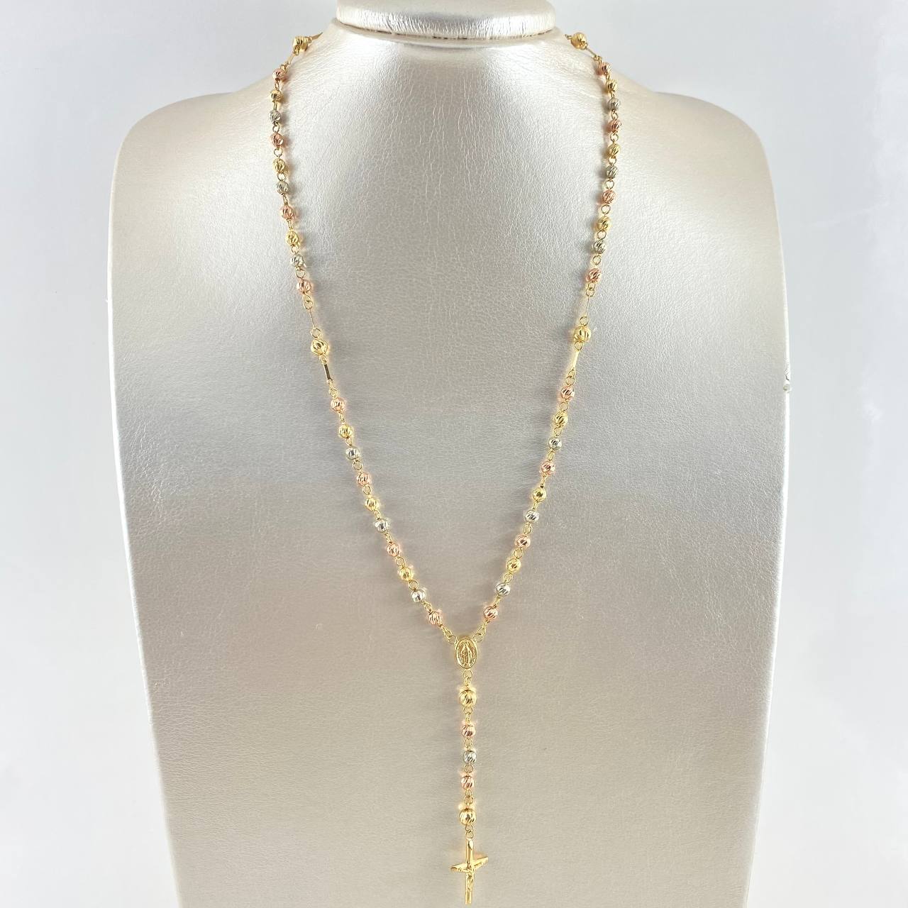 Rosario Virgen Milagrosa 10gr / 50cm / 4mm - 5mm Bolas Diamantadas - Cruz Cristo Troquelado Tres Oros 18K