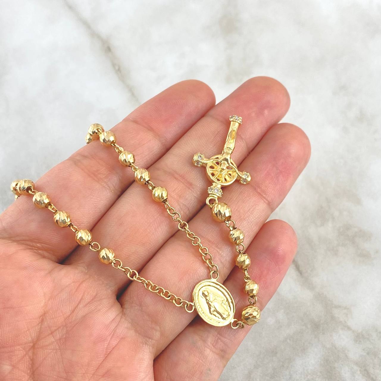 Rosario Virgen Milagrosa 14.35gr / 60cm / 4mm - 5mm Bolas Diamantadas - Cruz Cristo Circones Blancos Oro Amarillo 18K