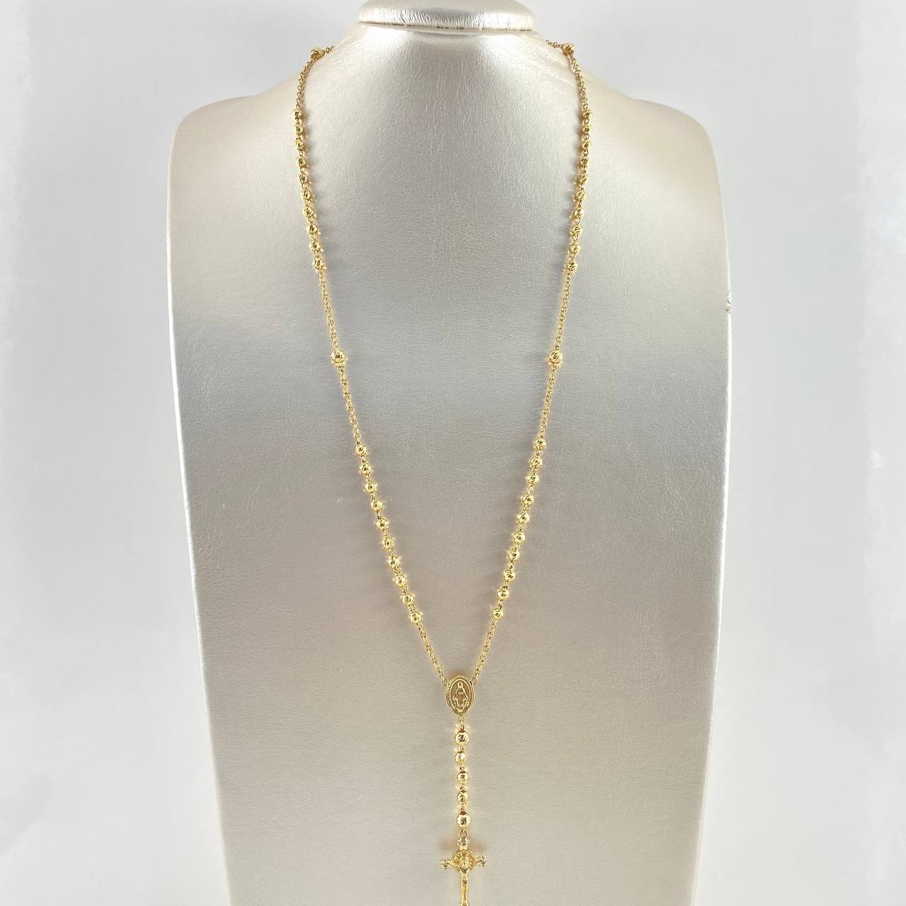 Rosario Virgen Milagrosa 14.35gr / 60cm / 4mm - 5mm Bolas Diamantadas - Cruz Cristo Circones Blancos Oro Amarillo 18K
