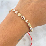 Pulsera Roja Retazo GC 2.55gr / 4mm - 5mm Bolas Lisas - Diamantadas Tres Oros 18K
