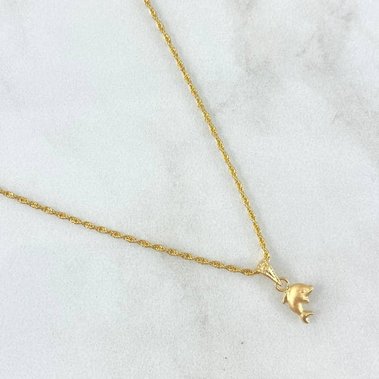 Cadena Lazo 1gr / 50cm / 1.2mm + Dije Delfin Mate 0.25gr / 1.4cm / Troquelado Cargador Bordeado Oro Amarillo (Oferta)