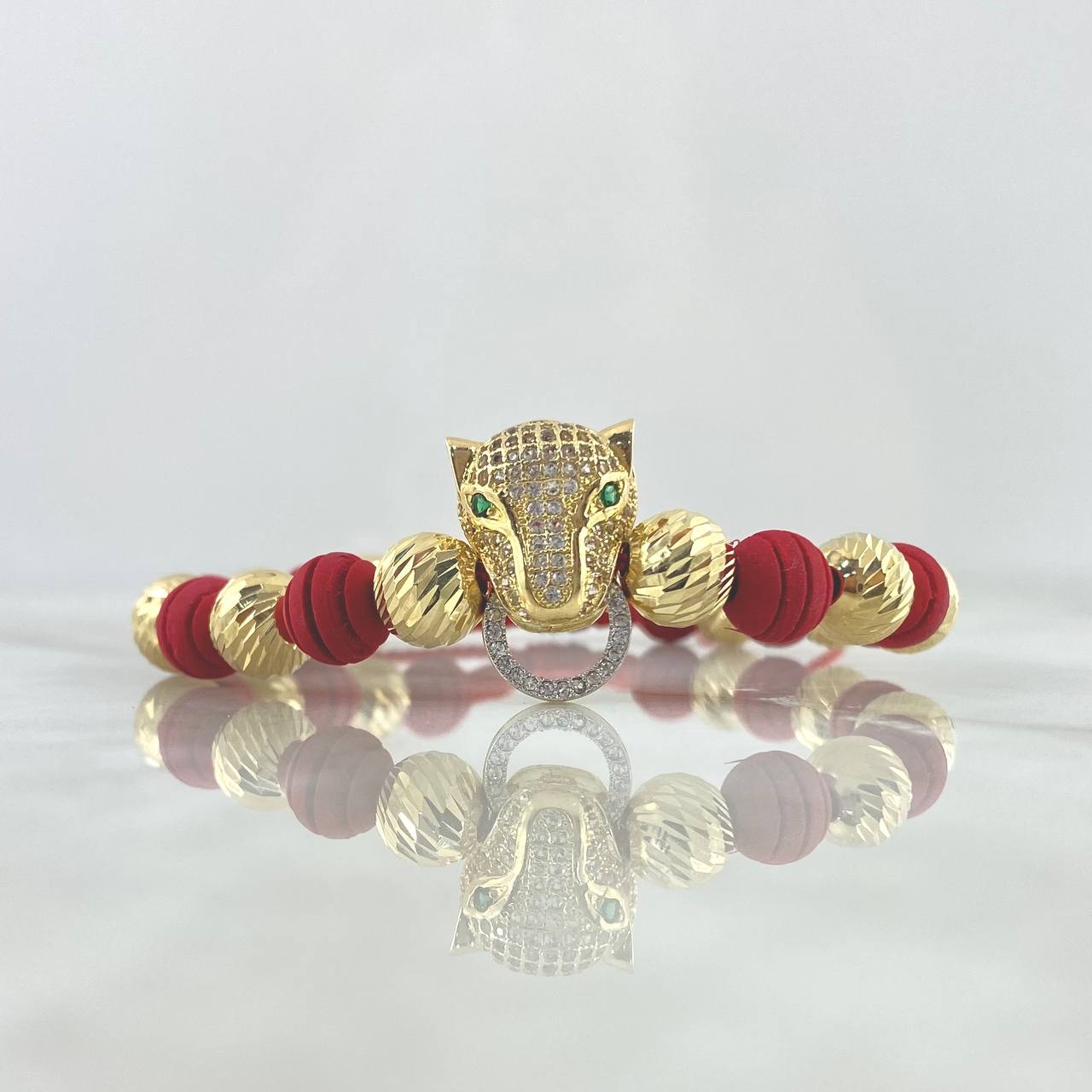 Pulsera Roja Pantera Aro 6.8gr / 8mm Bolas Diamantadas - Neoprenos Rayados Oro Amarillo 18K *