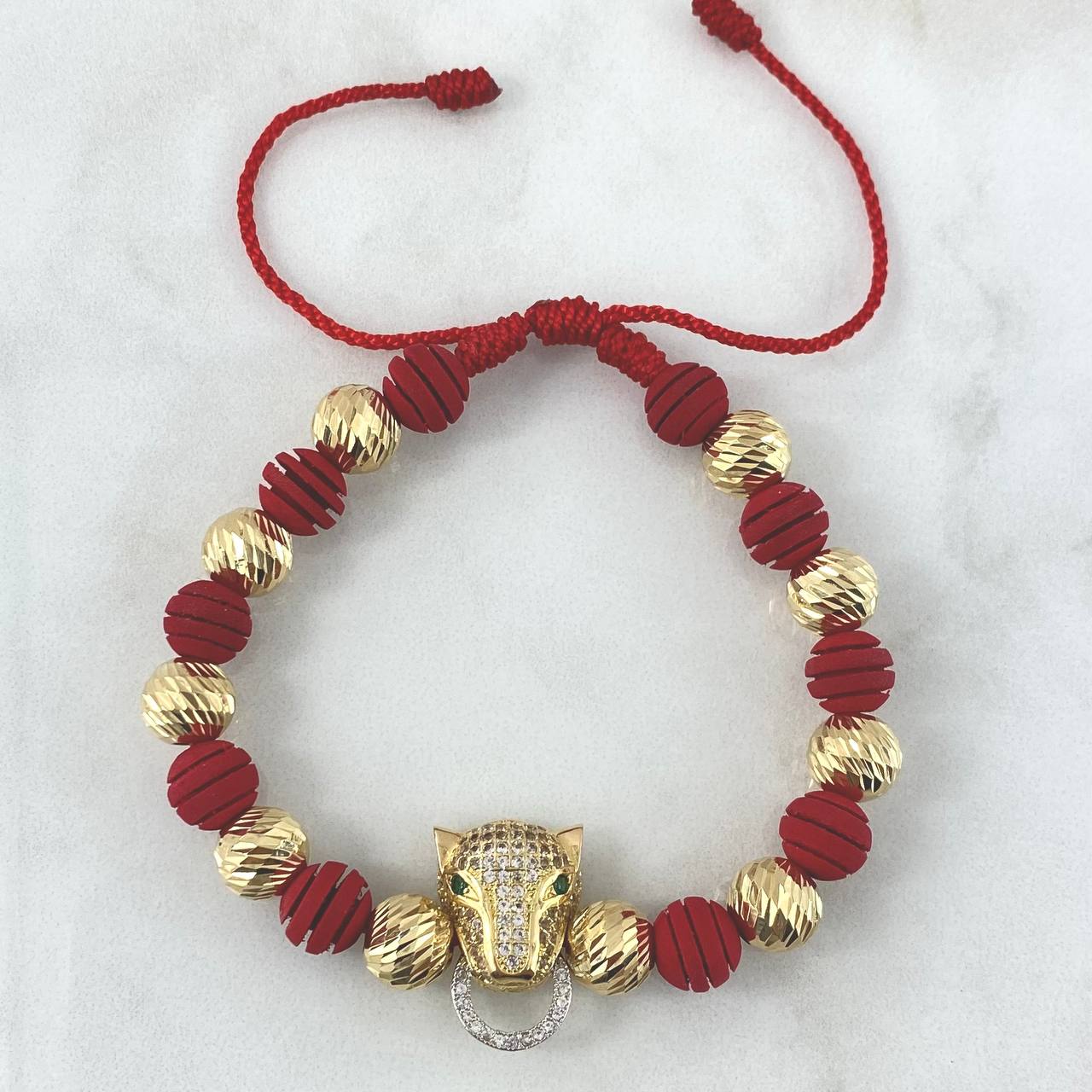 Pulsera Roja Pantera Aro 6.8gr / 8mm Bolas Diamantadas - Neoprenos Rayados Oro Amarillo 18K *