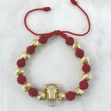 Pulsera Roja Pantera Aro 6.8gr / 8mm Bolas Diamantadas - Neoprenos Rayados Oro Amarillo 18K *