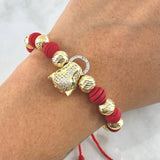Pulsera Roja Pantera Aro 6.8gr / 8mm Bolas Diamantadas - Neoprenos Rayados Oro Amarillo 18K *