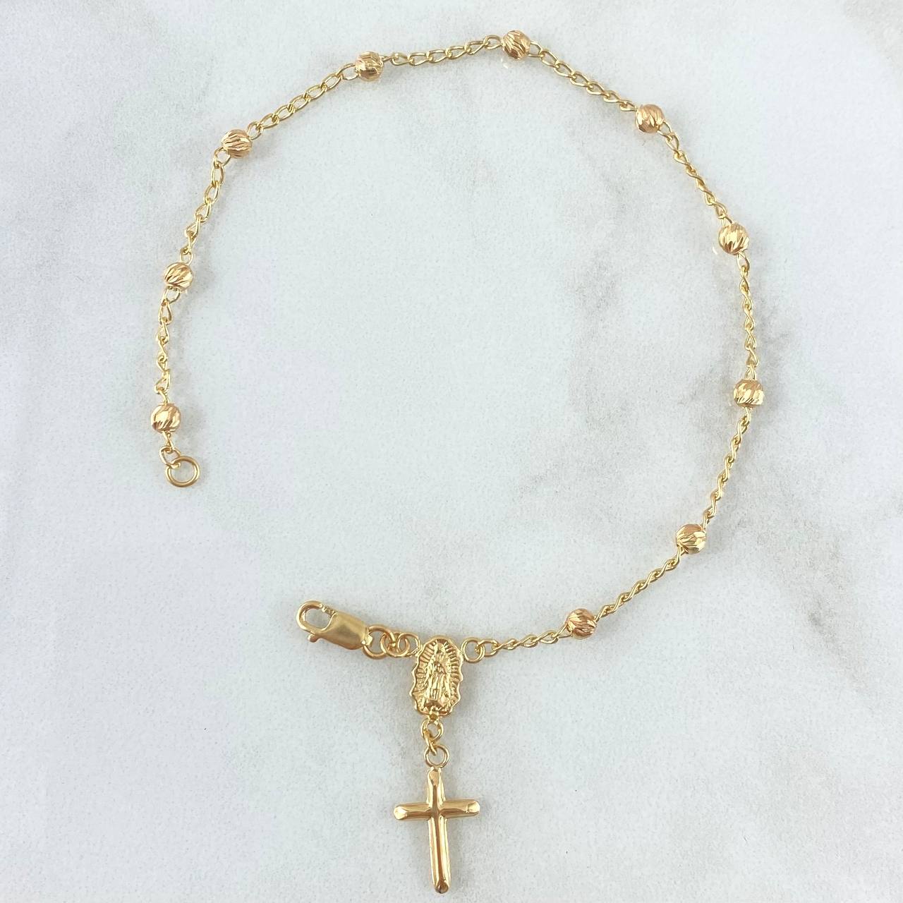 Pulso Tipo Denario Virgen Guadalupe Silueta 2.65gr / 17cm / 3mm Bolas Diamantadas - Cruz Lisa Oro Amarillo 18K ©