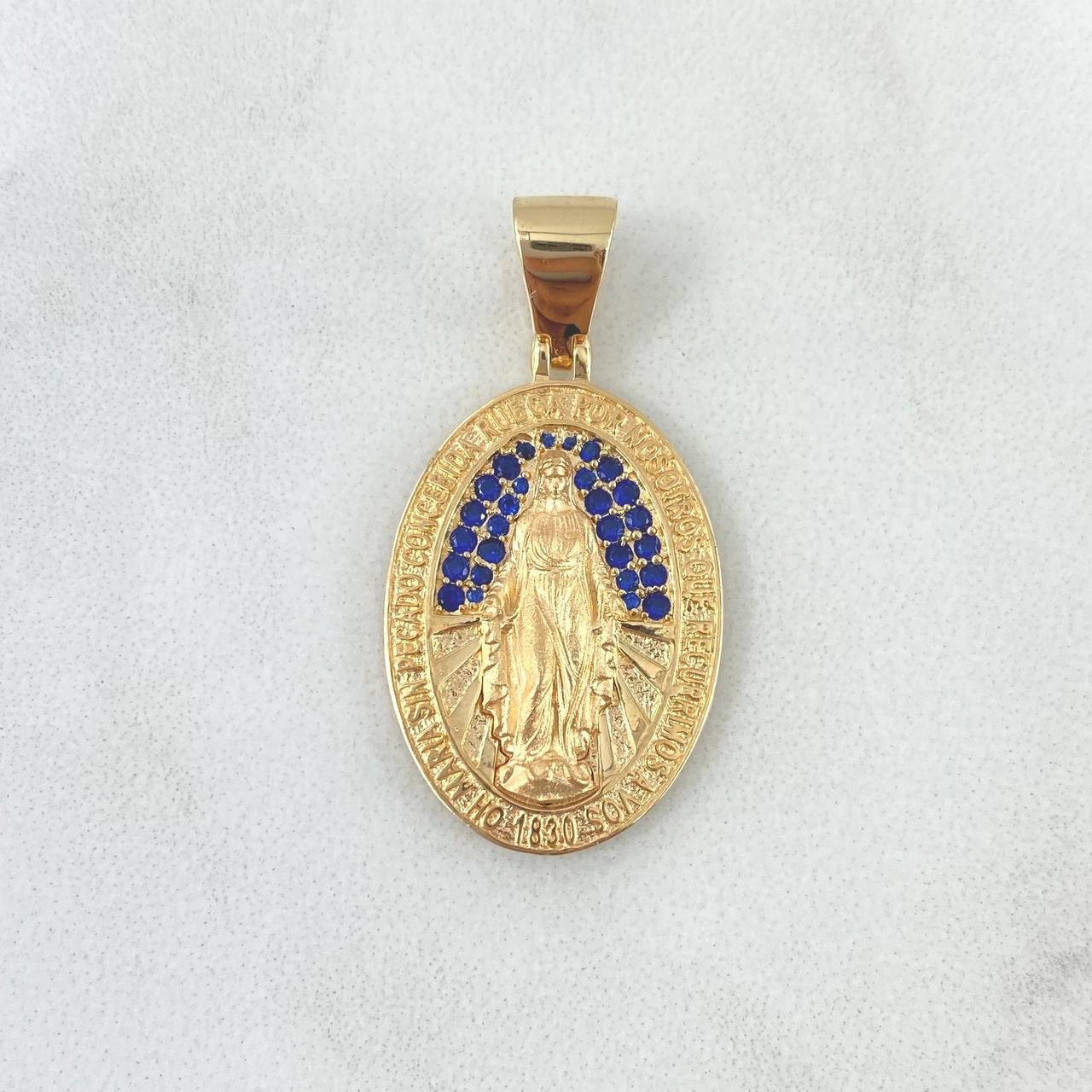 Dije Medalla Virgen Milagrosa 4.25gr / 2.8cm / Circones Azules Oro Amarillo 18K