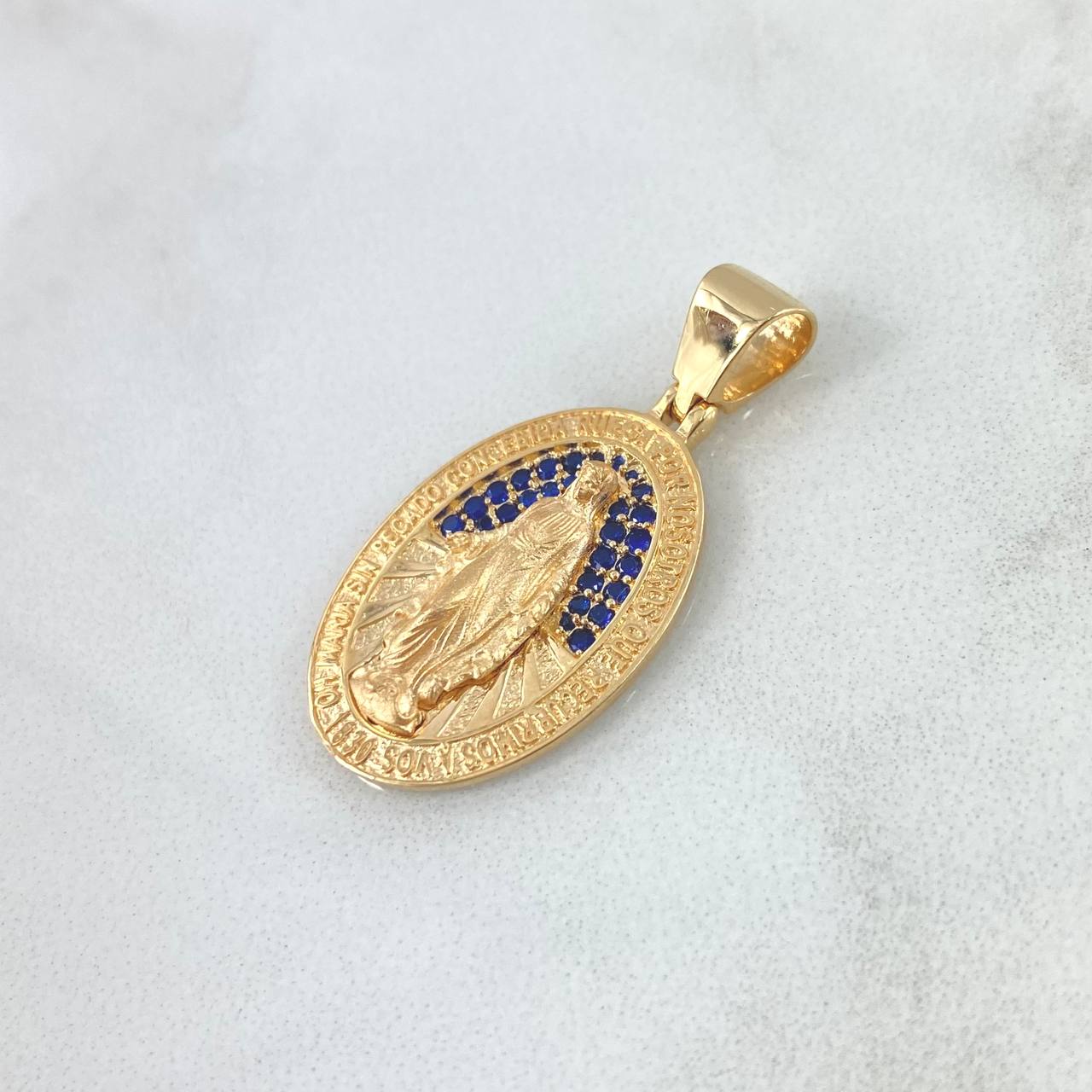 Dije Medalla Virgen Milagrosa 4.25gr / 2.8cm / Circones Azules Oro Amarillo 18K