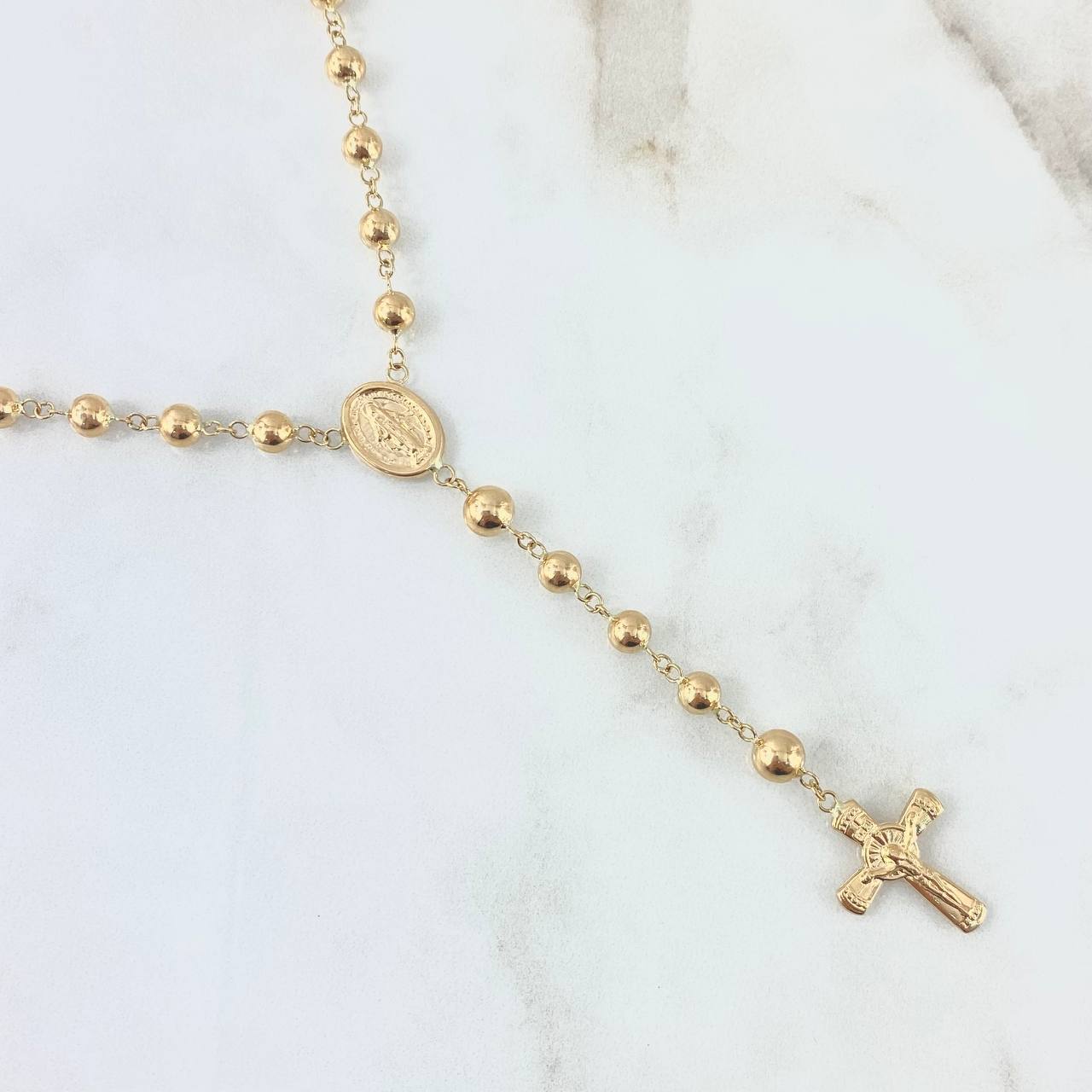 Rosario Virgen Milagrosa 12.8gr / 60cm / 5mm - 6mm Bolas Lisas - Cruz Cristo Oro Amarillo 18K *
