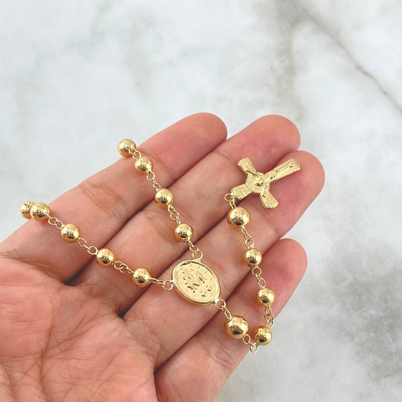 Rosario Virgen Milagrosa 12.8gr / 60cm / 5mm - 6mm Bolas Lisas - Cruz Cristo Oro Amarillo 18K *