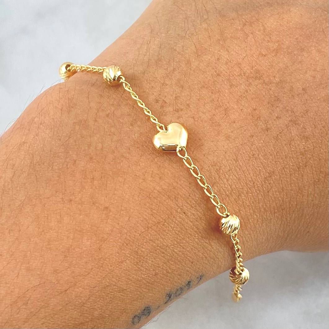 Pulso Aro Seguido Corazón 2.35gr / 17.5cm / 4mm Bolas Diamantadas Oro Amarillo 18K