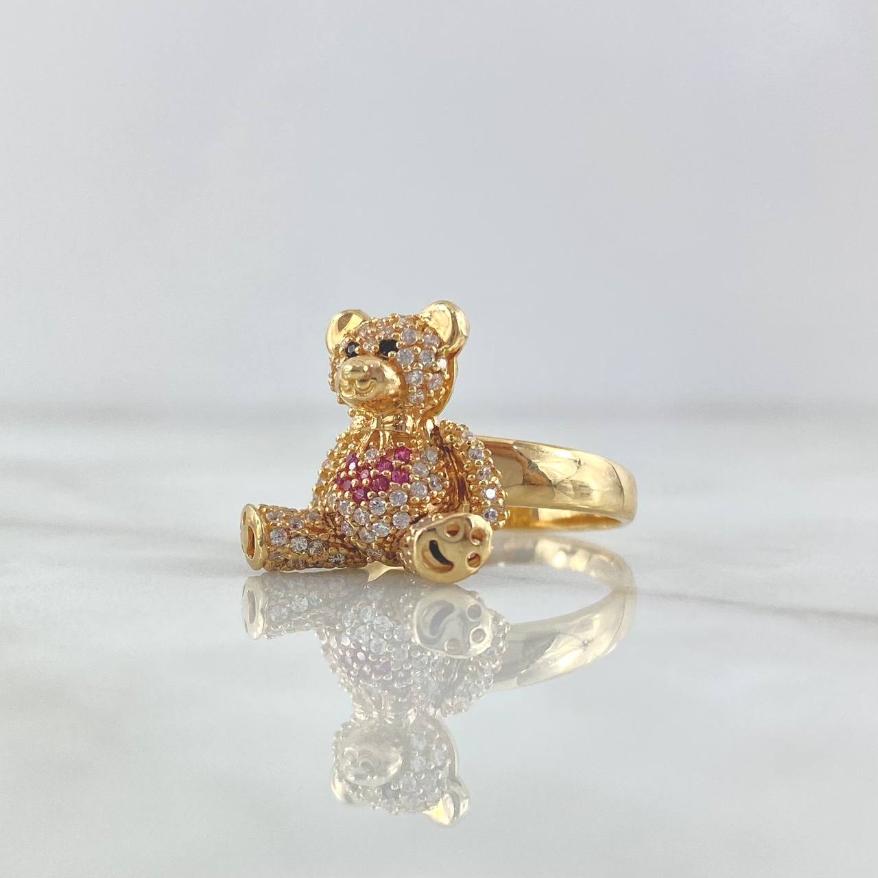 Anillo Oso Articulado Corazón 5.9gr / T5 3/4 / Circones Blancos - Fucsias - Ojos Negros Oro Amarillo 18K