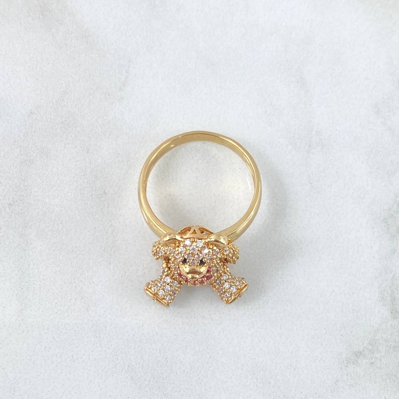 Anillo Oso Articulado Corazón 5.9gr / T5 3/4 / Circones Blancos - Fucsias - Ojos Negros Oro Amarillo 18K