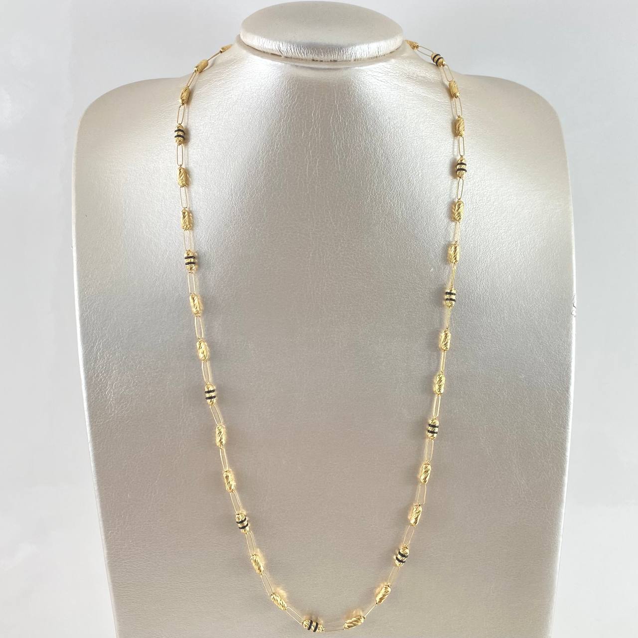 Cadena Rústica Cilindros Diamantados 10gr / 60cm / 5mm Cauchos Negros Oro Amarillo 18K