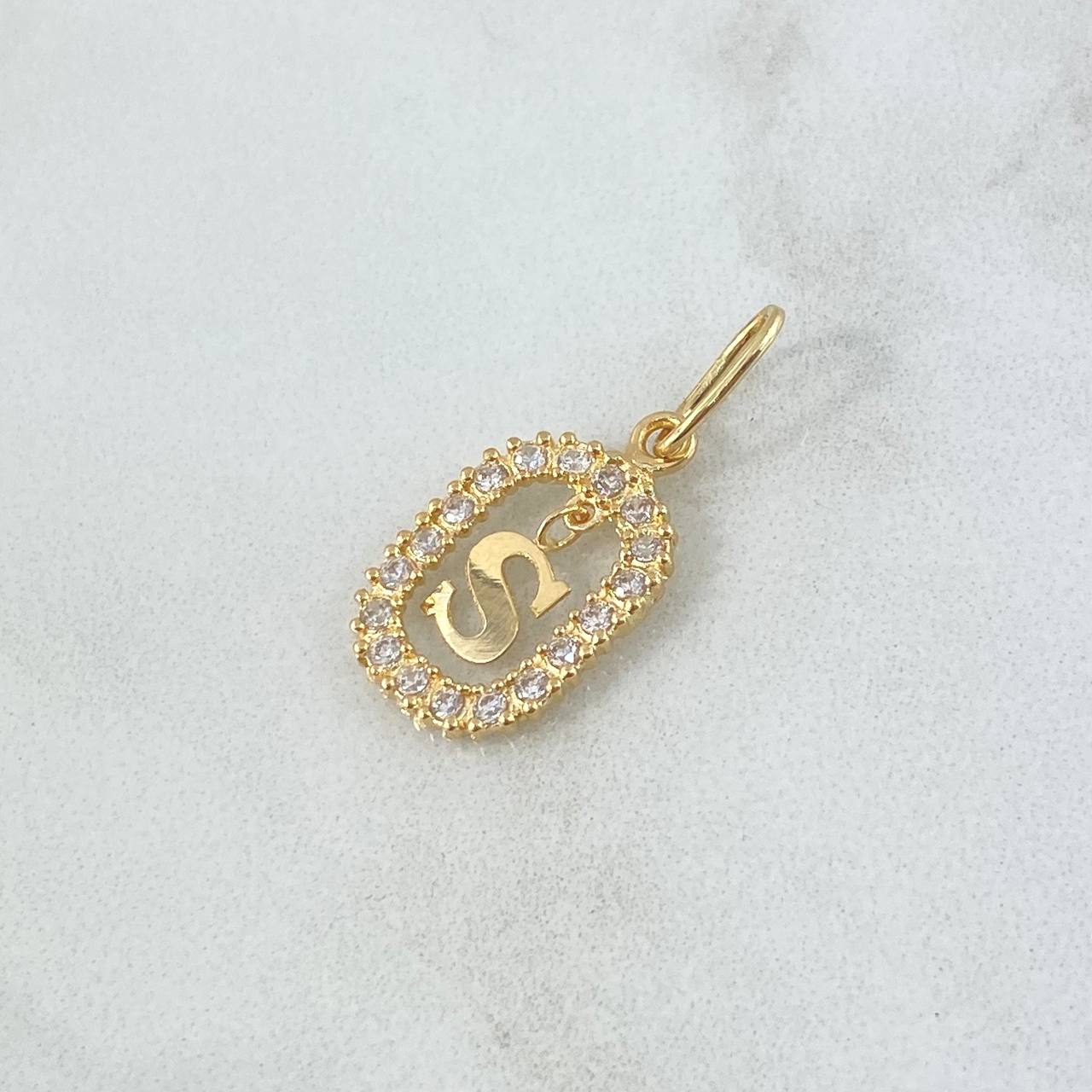 Dije Marco Letra S Colgante 1.4gr / 2.5cm - 1.8cm / Circones Blancos Oro Amarillo 18K