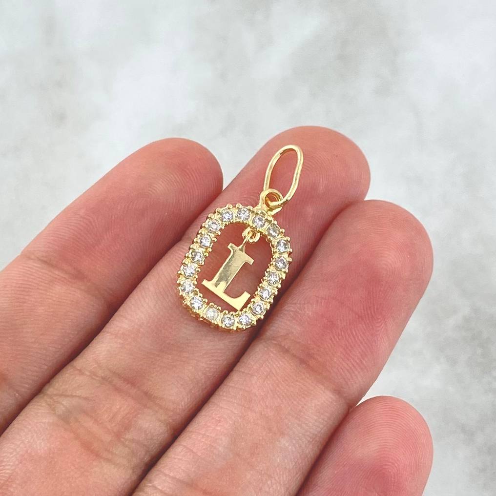 Dije Marco Letra L Colgante 1.35gr / 2.5cm - 1.8cm / Circones Blancos Oro Amarillo 18K