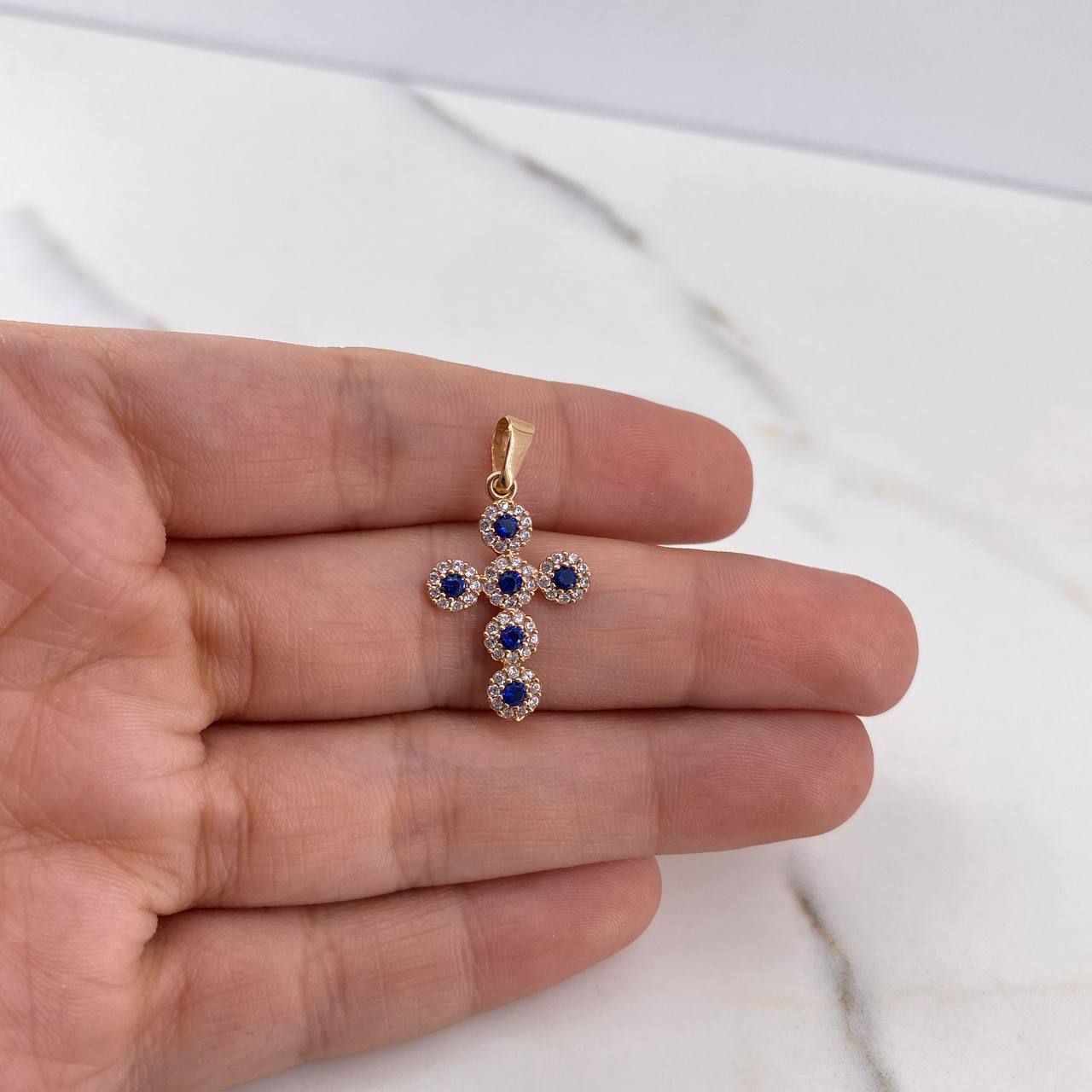 Dije Cruz Tupida 1.35gr / 2.6cm / Circones Blancos Azules Oro Rosa 18K #