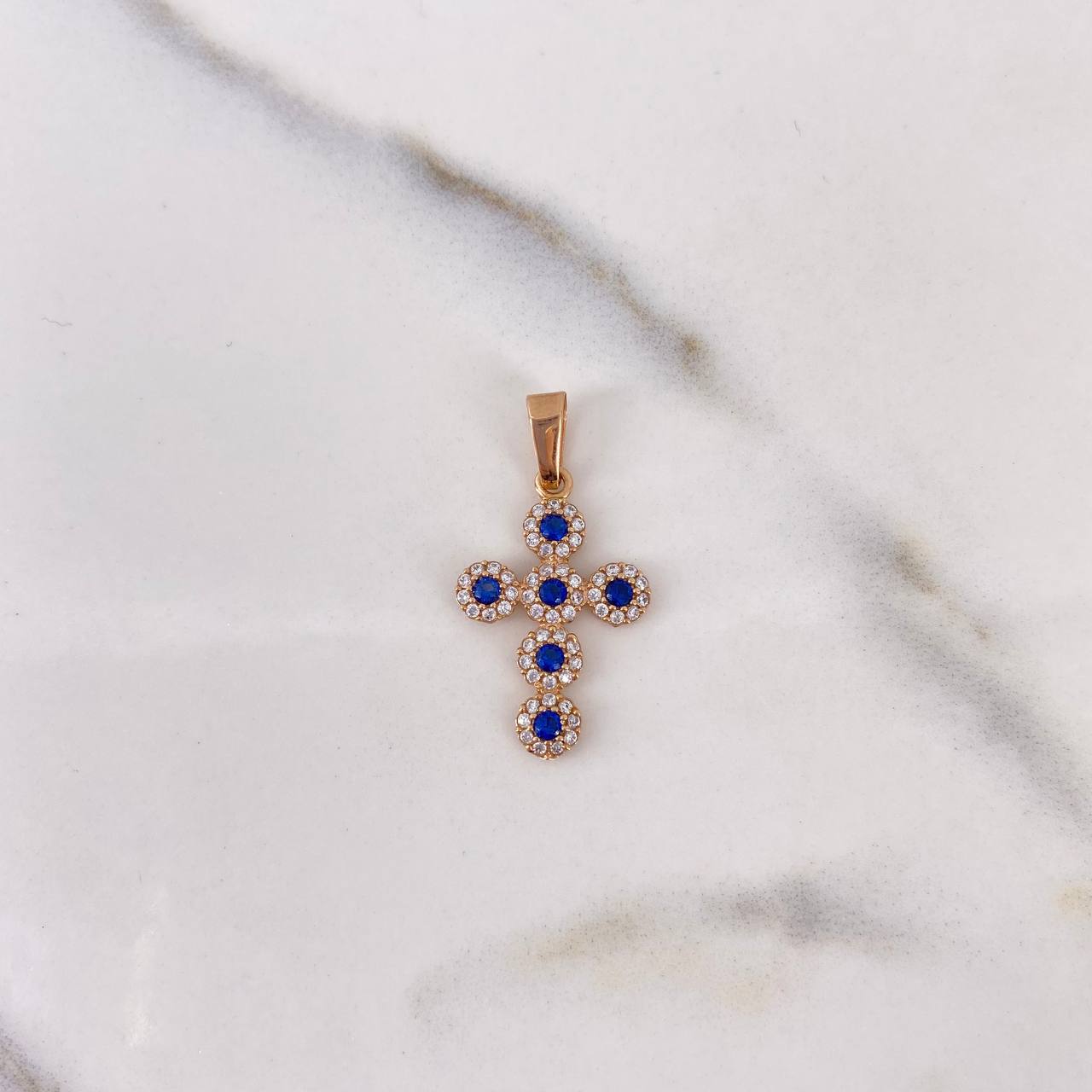 Dije Cruz Tupida 1.35gr / 2.6cm / Circones Blancos Azules Oro Rosa 18K #