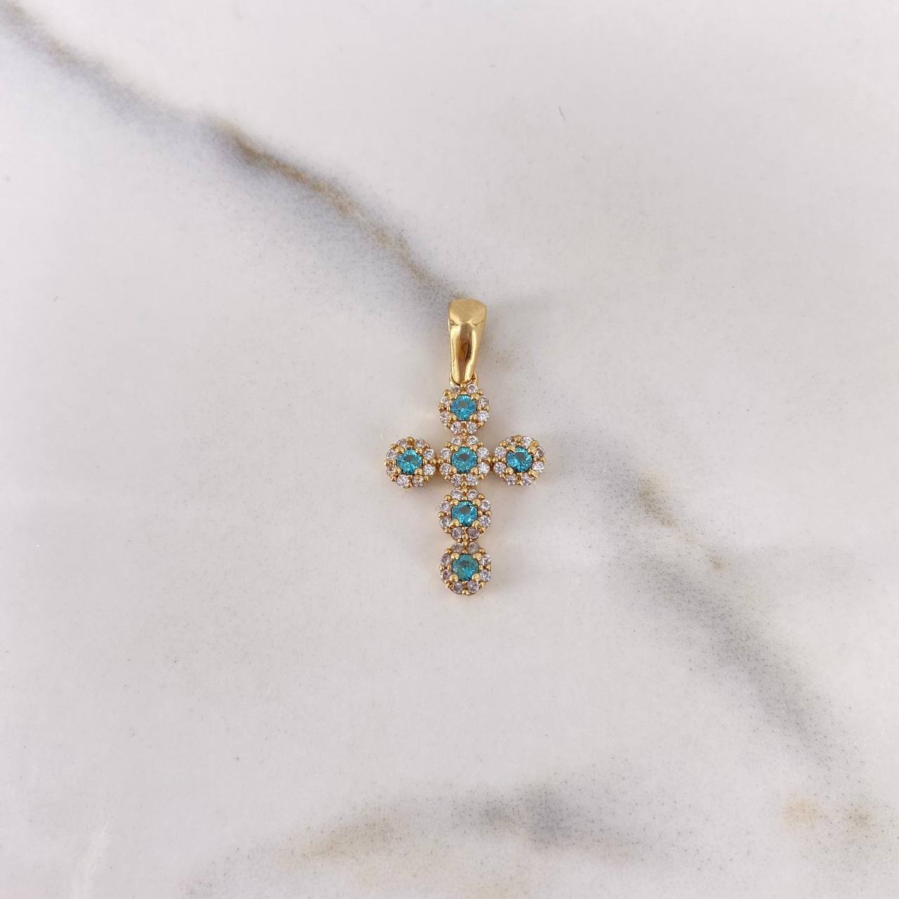 Dije Cruz Tupida 1.55gr / 2.3cm / Circones Blancos Azules Oro Amarillo 18K &