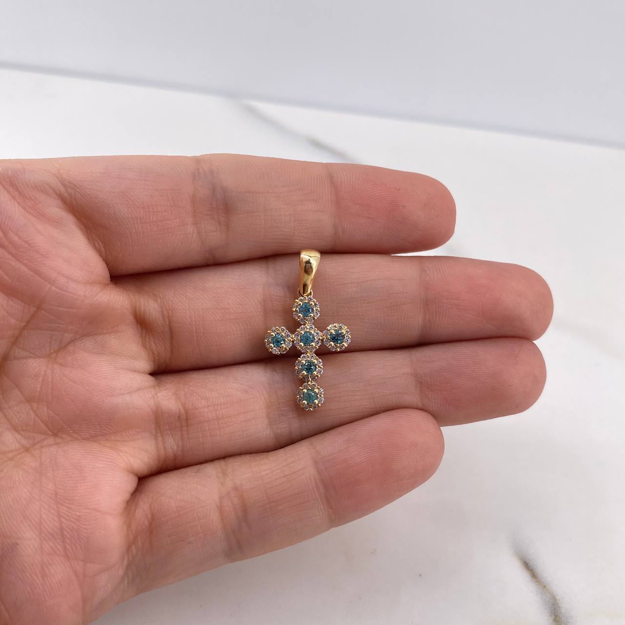 Dije Cruz Tupida 1.55gr / 2.3cm / Circones Blancos Azules Oro Amarillo 18K &