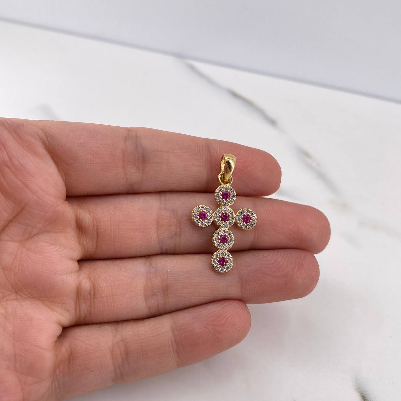 Dije Cruz Tupida 2.15gr / 3cm / Circones Blancos Fucsias Oro Amarillo 18K &