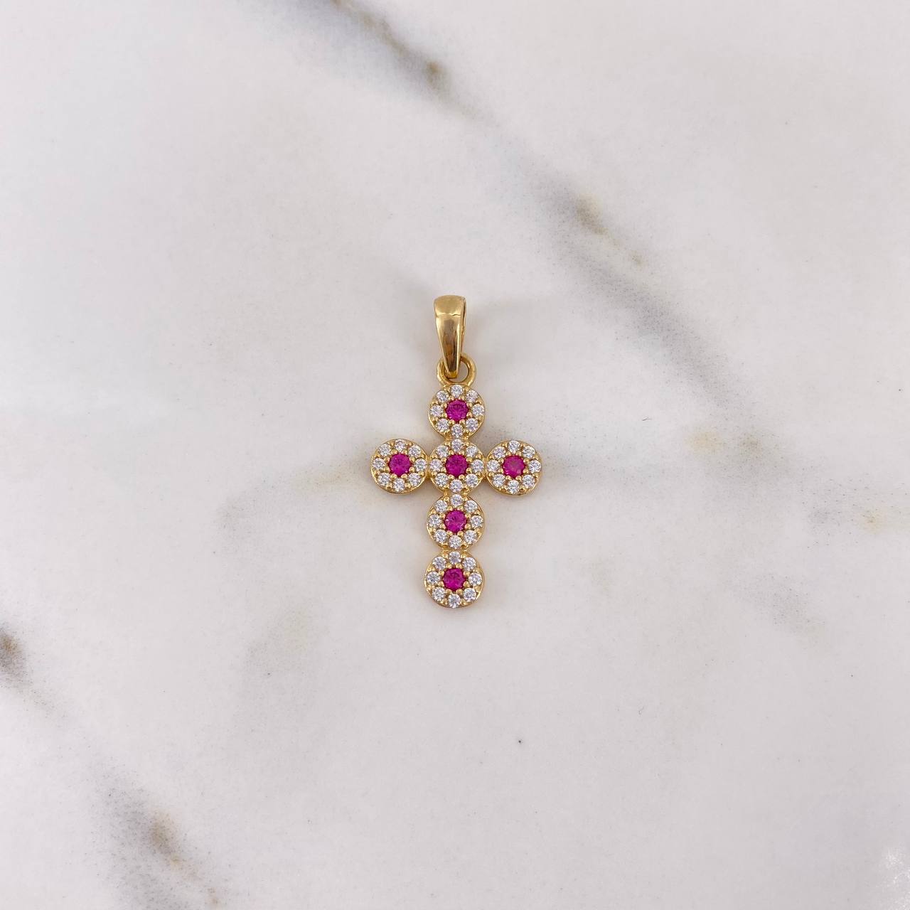 Dije Cruz Tupida 2.15gr / 3cm / Circones Blancos Fucsias Oro Amarillo 18K &
