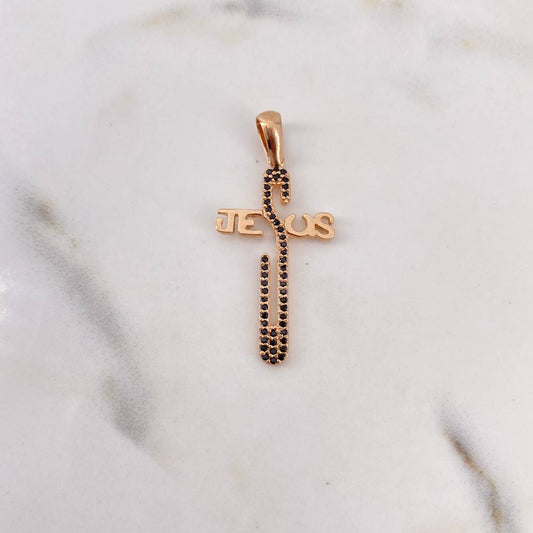 Dije Cruz Jesus 2.45gr / 3.7cm / Circones Negros Oro Rosa 18K $