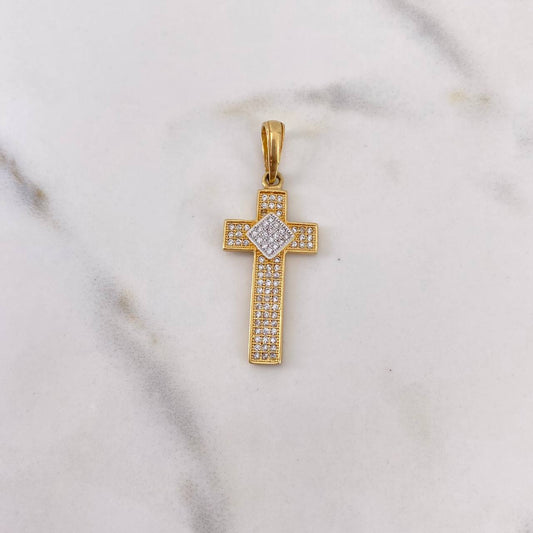 Dije Cruz Rombo 2.7gr / 3.7cm / Circones Blancos Dos Oros Amarillo Blanco 18K $