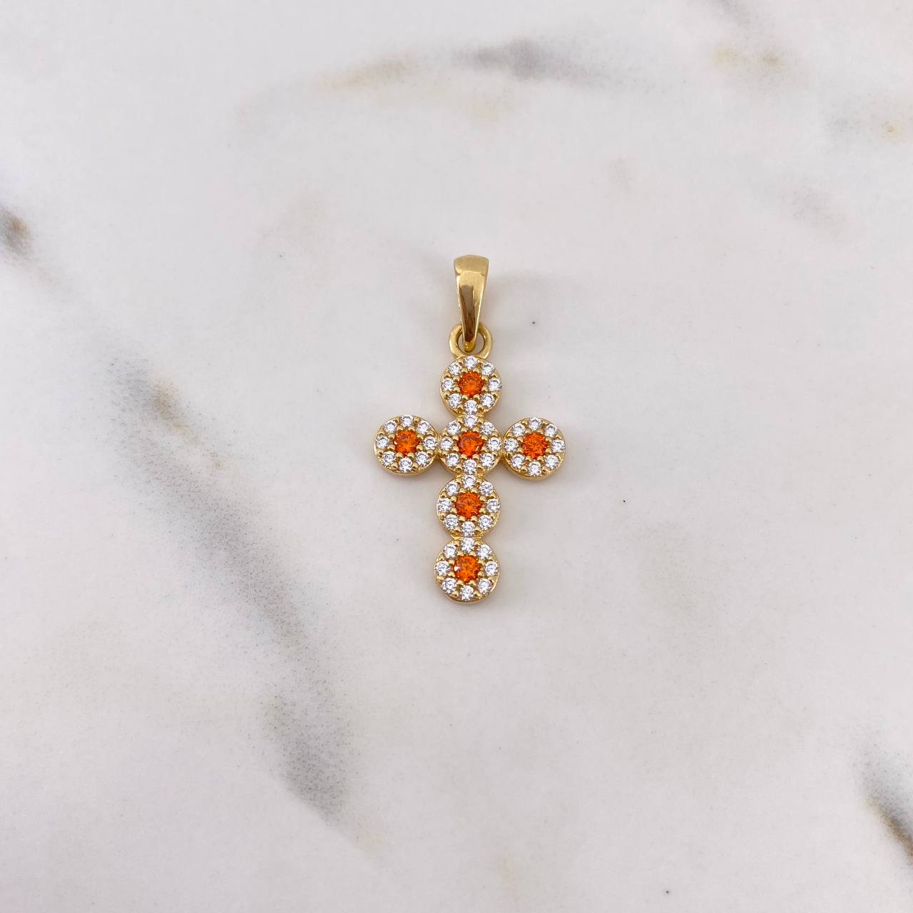 Dije Cruz Tupida 2.25gr / 3cm / Circones Blancos Naranjas Oro Amarillo 18K &