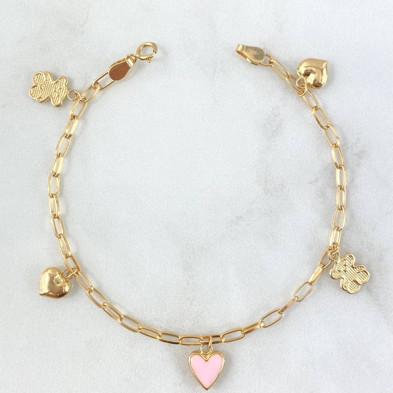 Pulso Cajón 4.4gr / 18cm / "Corazón-Oso-Corazón Rosado-Corazón-Oso" Oro Amarillo 18K ©