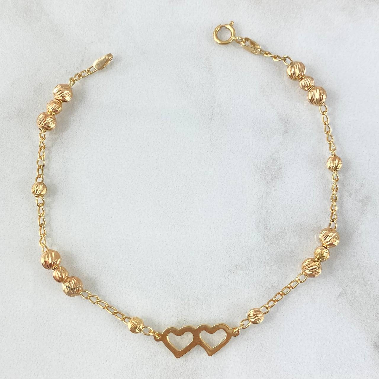 Pulso Aro Seguido Dos Corazones 3.15gr / 18cm / 3mm - 4mm Bolas Diamantadas Oro Amarillo 18K *