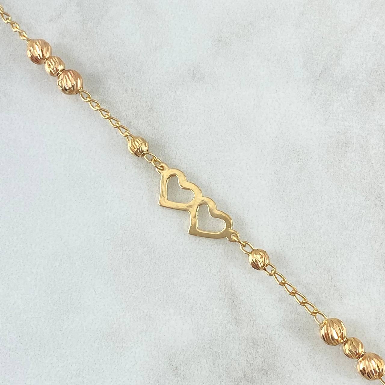 Pulso Aro Seguido Dos Corazones 3.15gr / 18cm / 3mm - 4mm Bolas Diamantadas Oro Amarillo 18K *