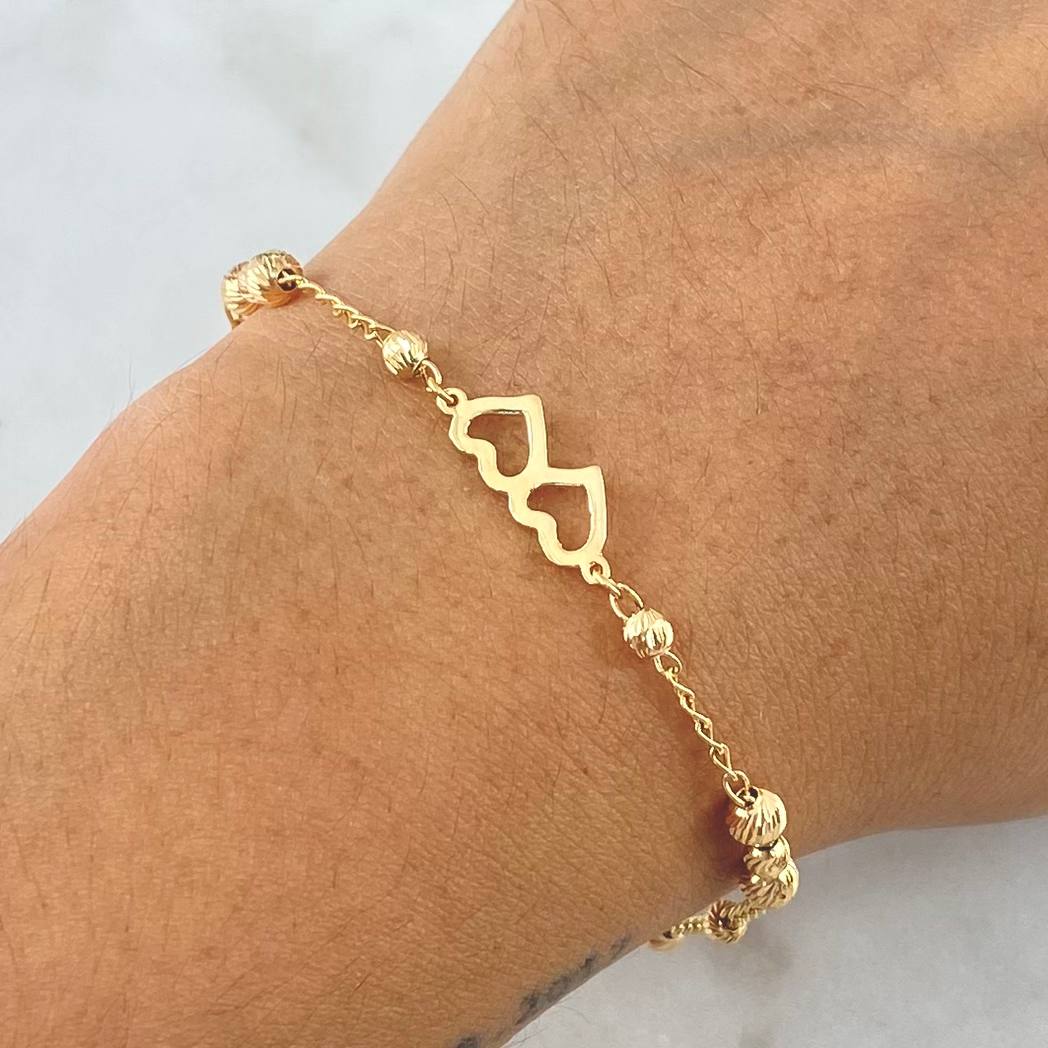 Pulso Aro Seguido Dos Corazones 3.15gr / 18cm / 3mm - 4mm Bolas Diamantadas Oro Amarillo 18K *