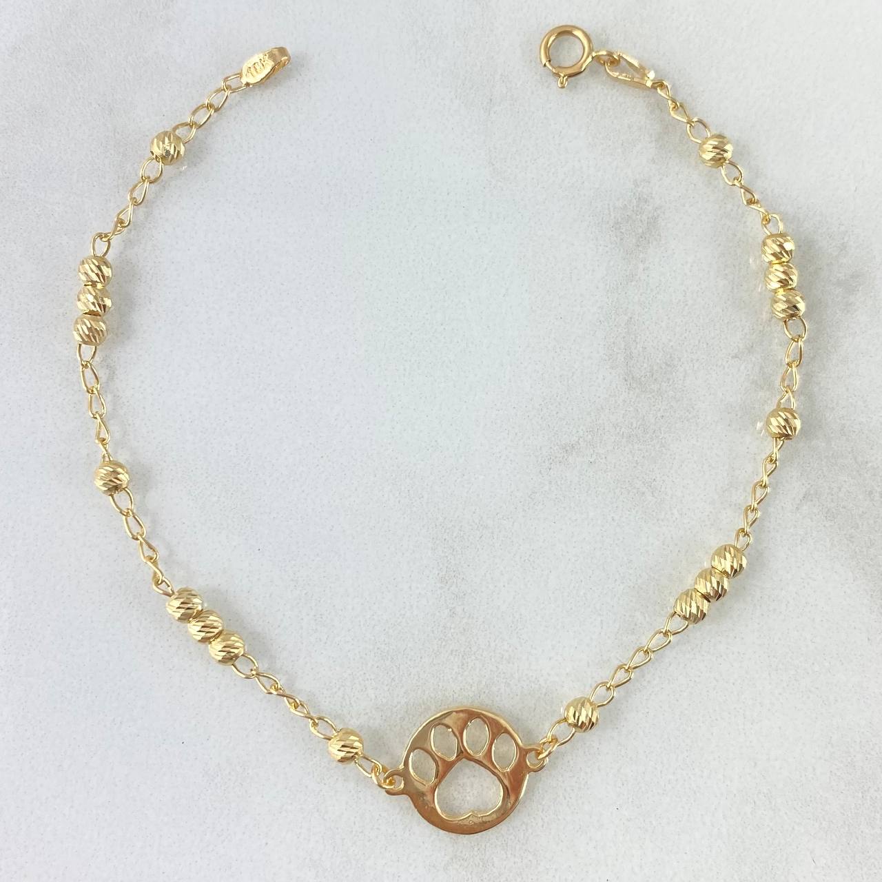 Pulso Aro Seguido Placa Huella 2.55gr / 18cm / 3mm Bolas Diamantadas Oro Amarillo 18K *