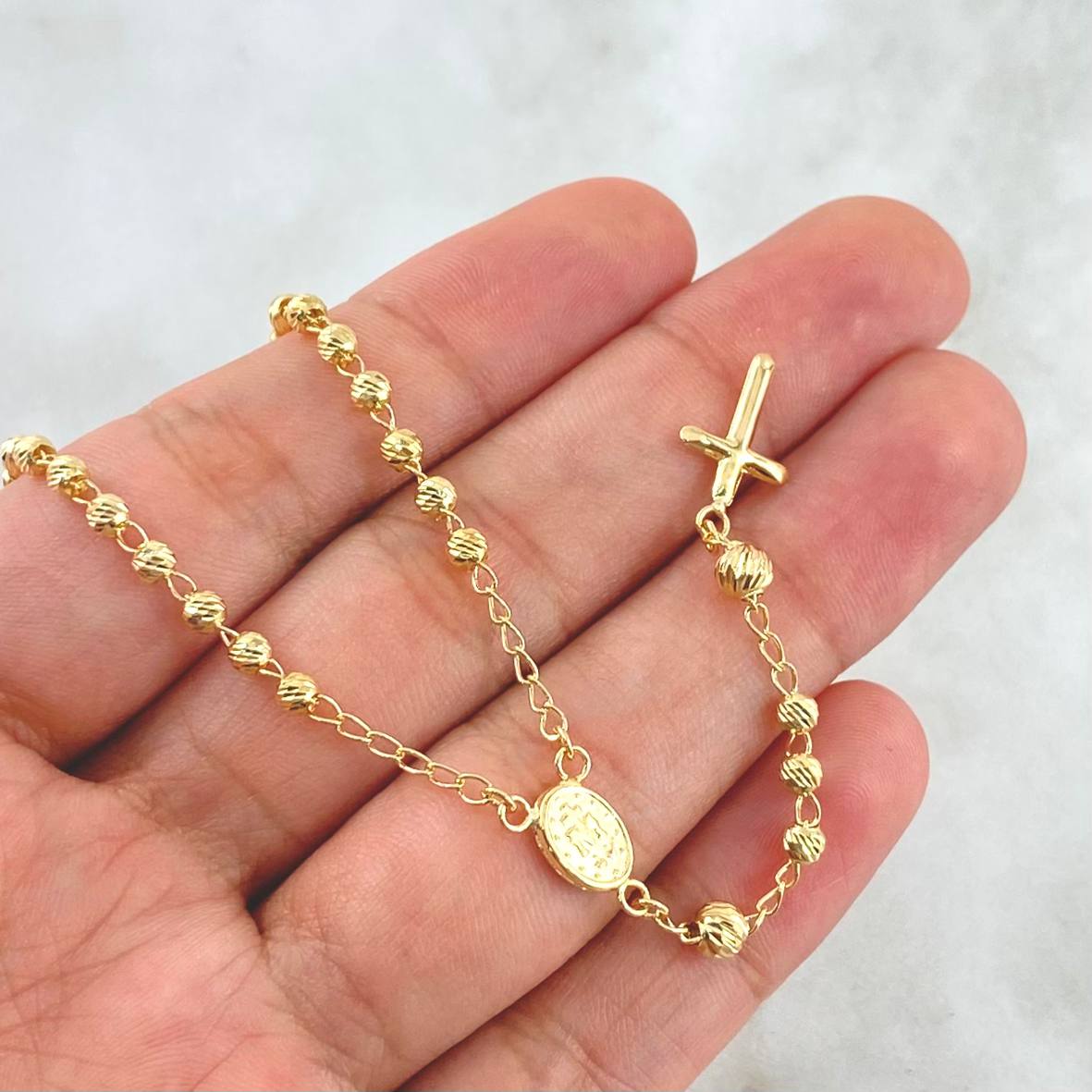 Rosario Virgen Guadalupe 6.1gr / 45cm / 3mm - 4mm Bolas Diamantadas - Cruz Lisa Oro Amarillo 18K