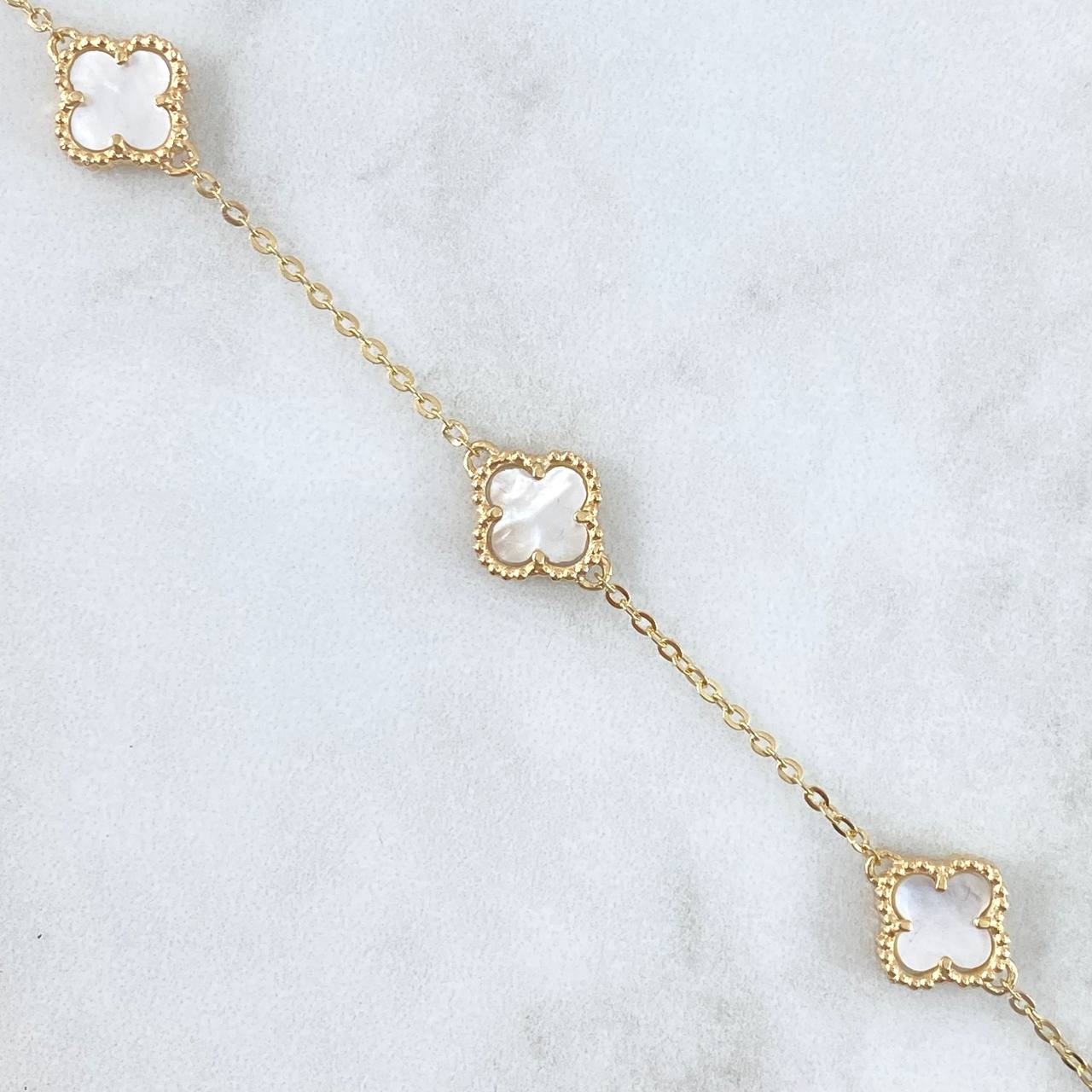 Pulso Aro Seguido Trébol VCyA Gradual 5.05gr / 14cm-17cm / 1.5mm  Nacar Blanco Punteado Oro Amarillo Nac.Esp. 18K