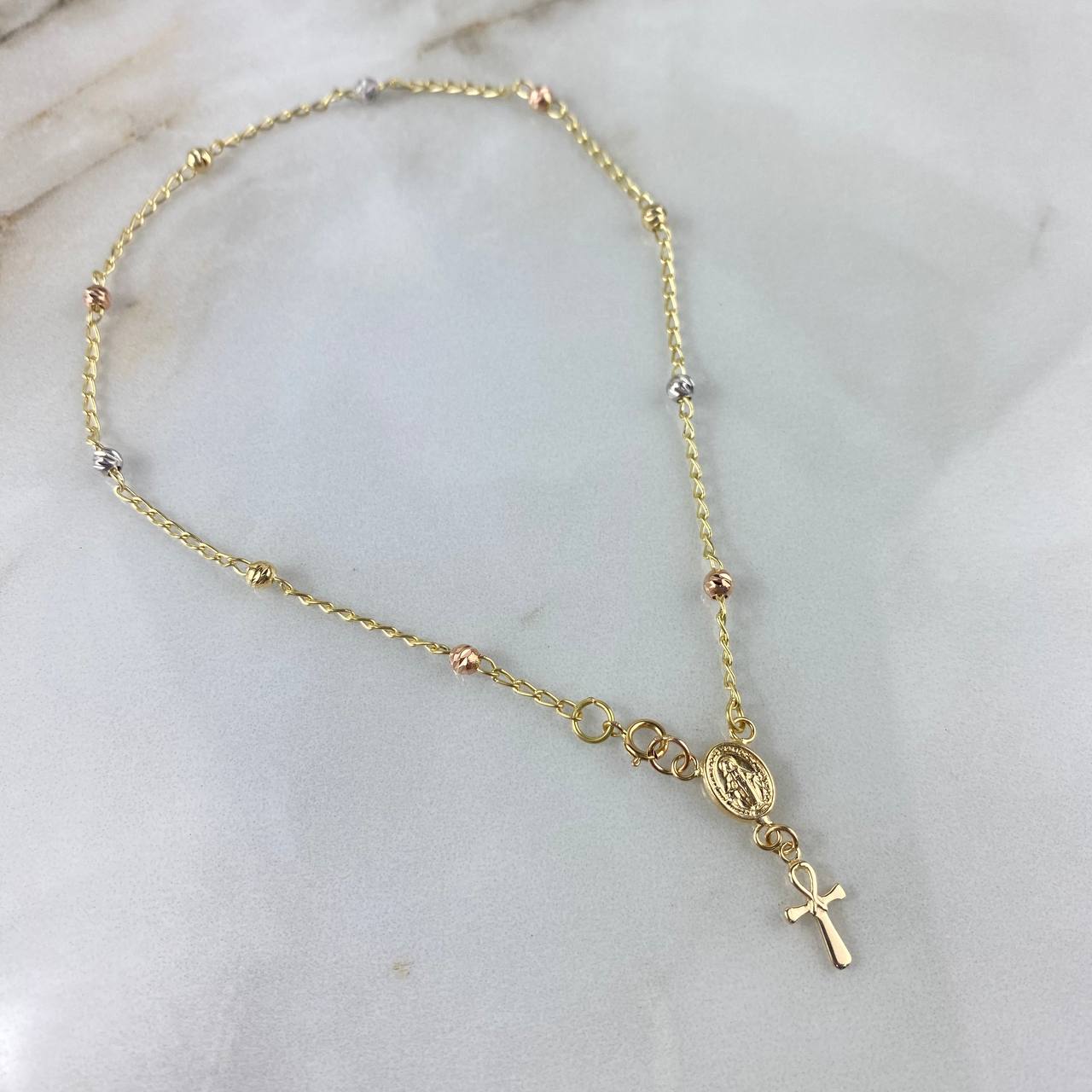 Tobillera Denario Virgen Milagrosa 2.95gr / 25cm / 3mm Bolas Diamantadas Cruz Anj Tres Oros